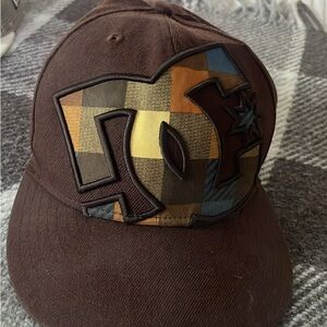 DC Men's Brown Cap with Checkered Logo. Fitted hat 7 3/8ths size